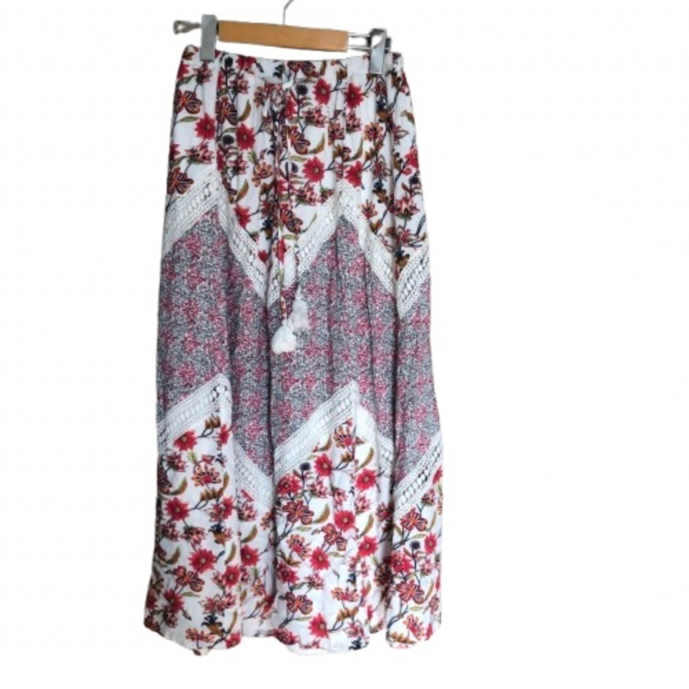 Vintage Boho Floral Lace Crochet Maxi Skirt Small